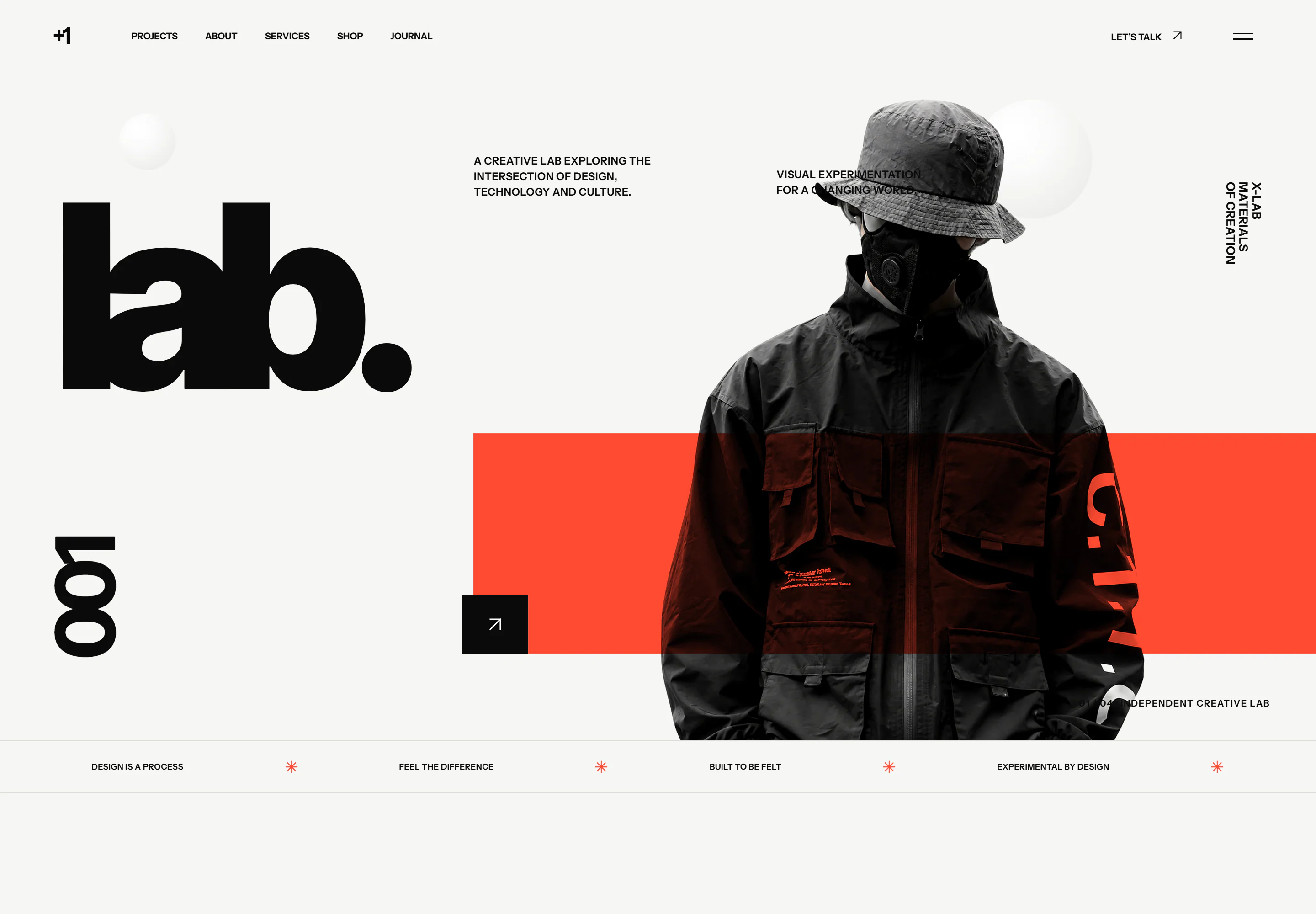 LAB’s opening screen: oversized black typography, a technical streetwear portrait and an orange-red graphic panel.