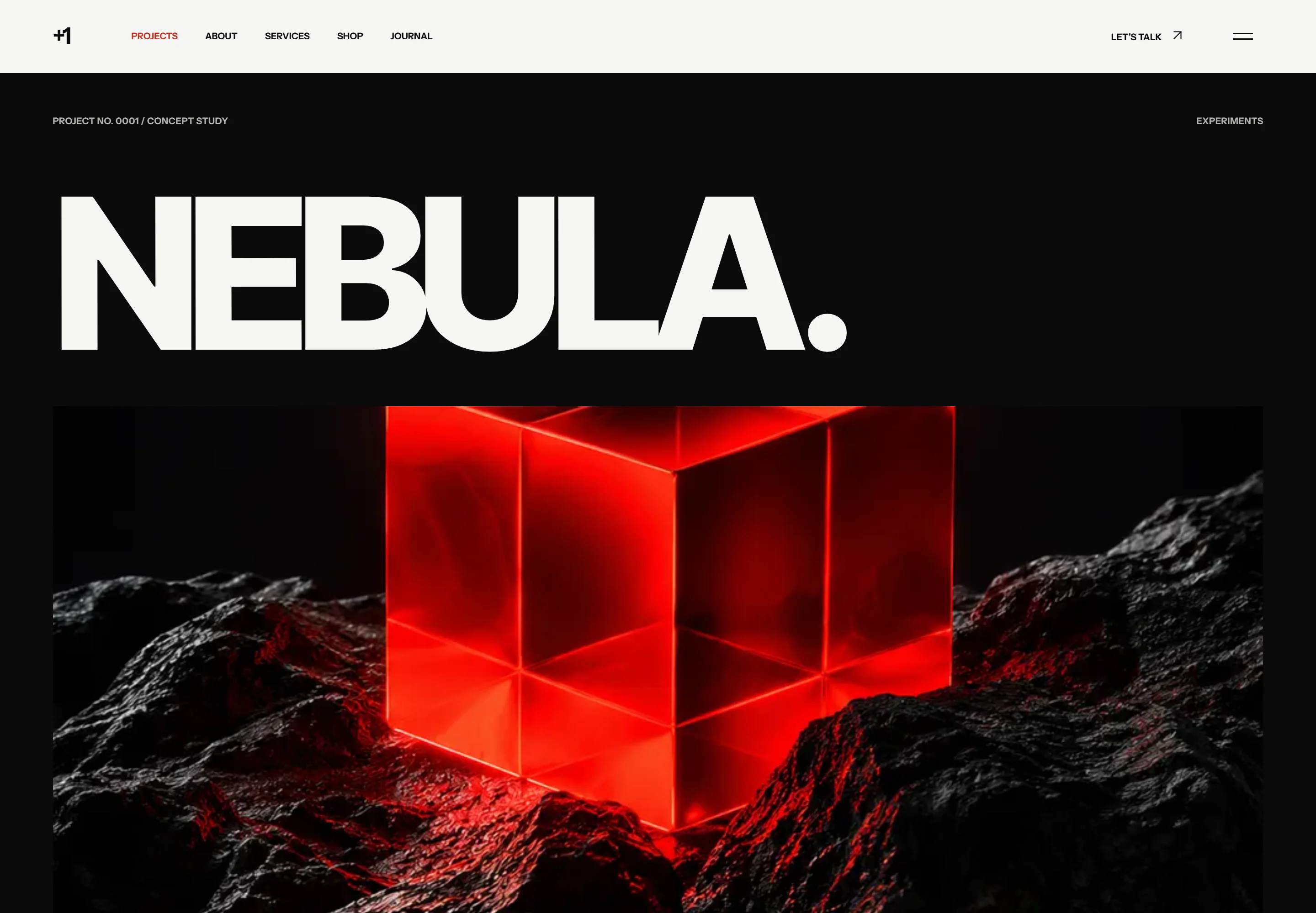 The Nebula concept page inside LAB, pairing monumental typography with a luminous red glass cube.