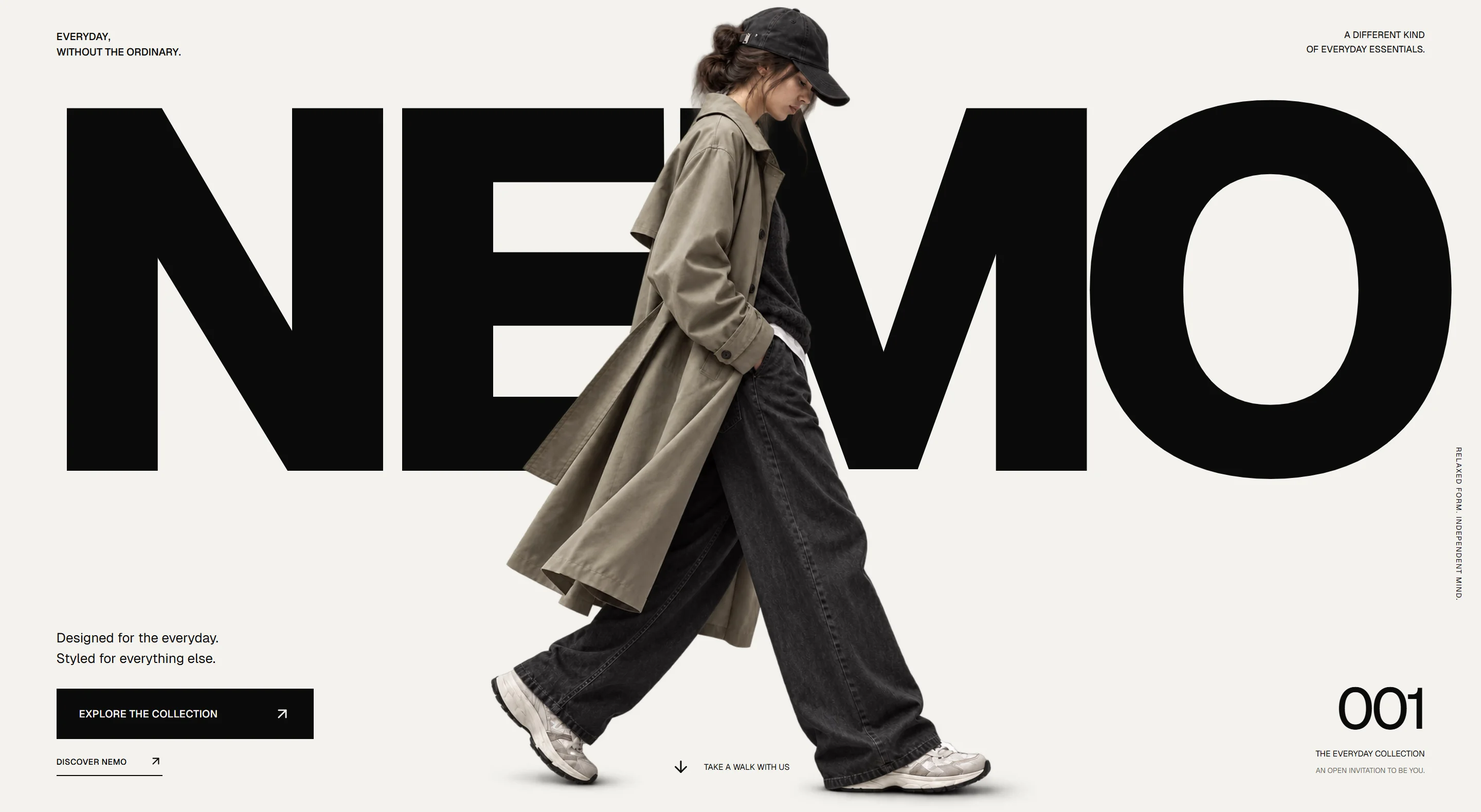 NEMO opening screen with a walking model crossing an oversized black wordmark.