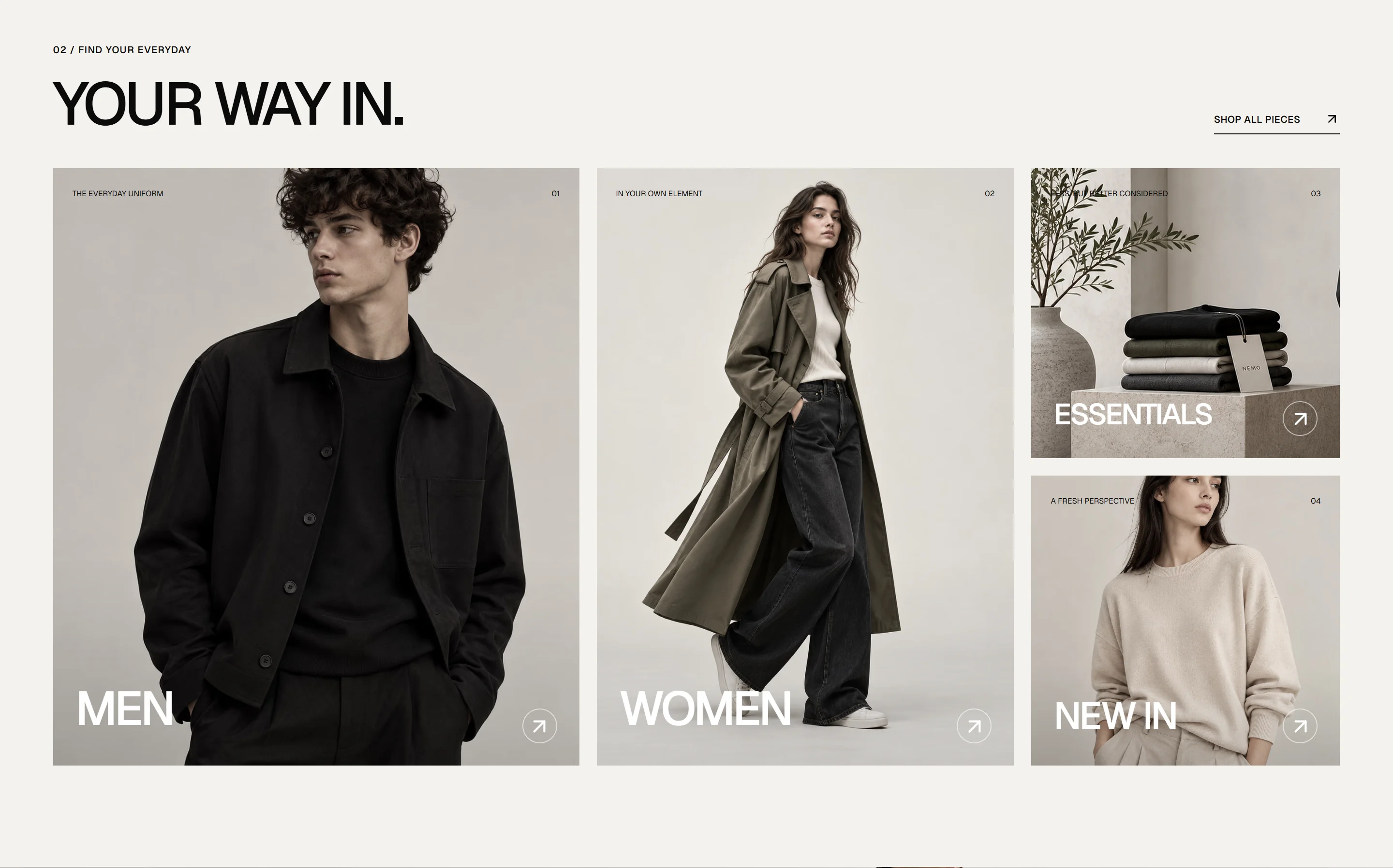 NEMO collection paths arranged as an editorial mosaic for men, women, essentials and new arrivals.