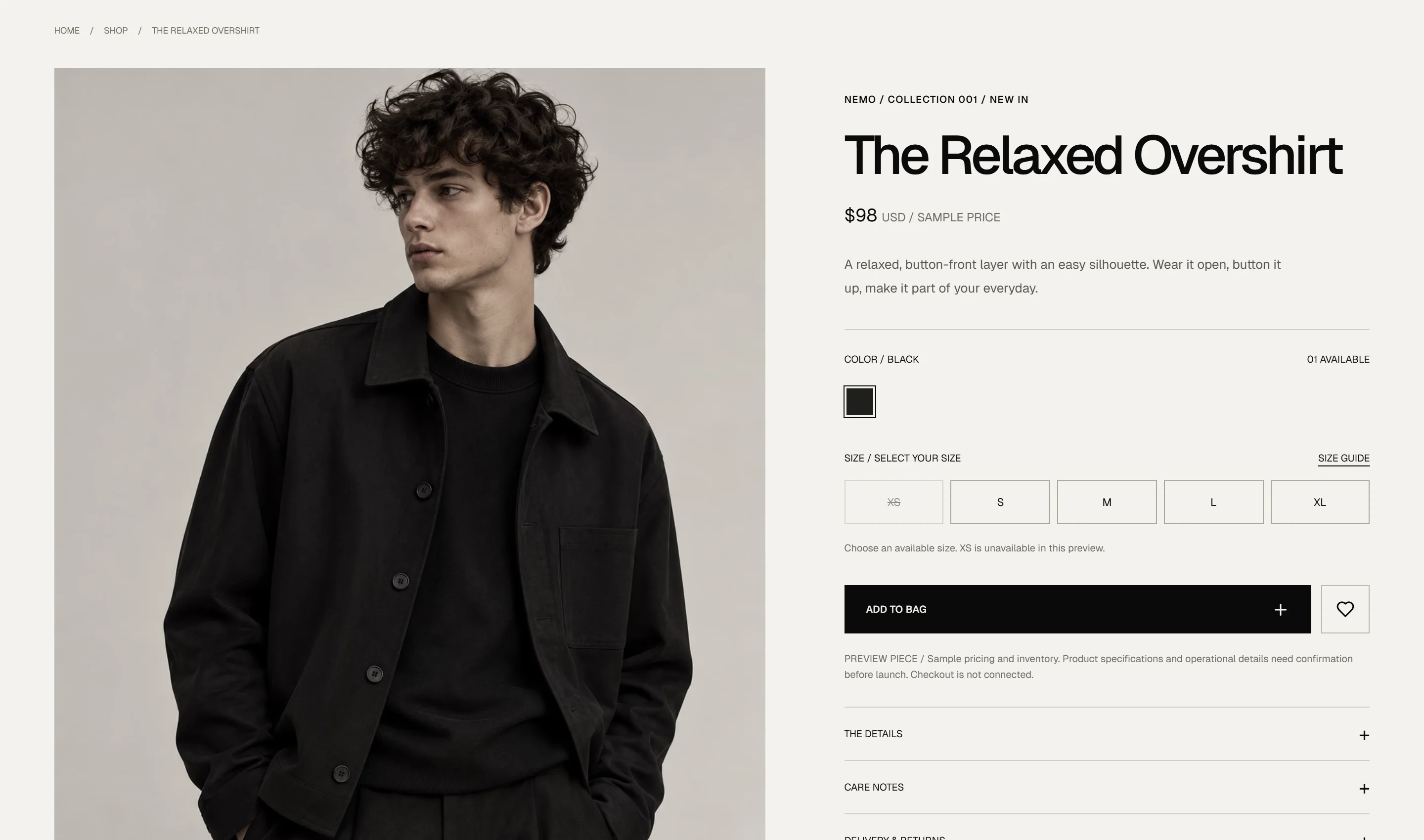 NEMO product page with an oversized garment portrait, size selection, saved-piece control and bag action.