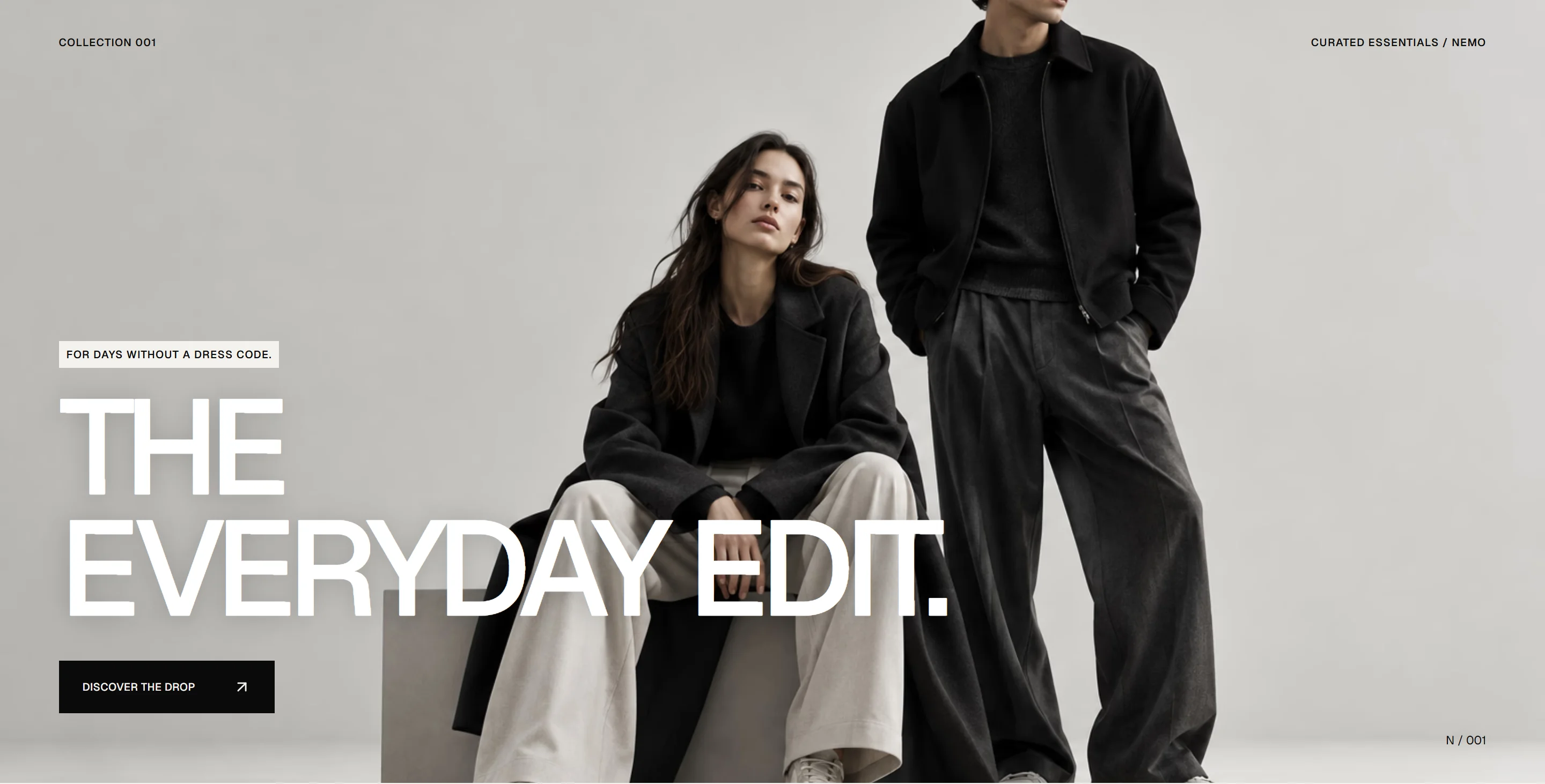 The Everyday Edit campaign, with two models in a quiet studio and large white editorial type.