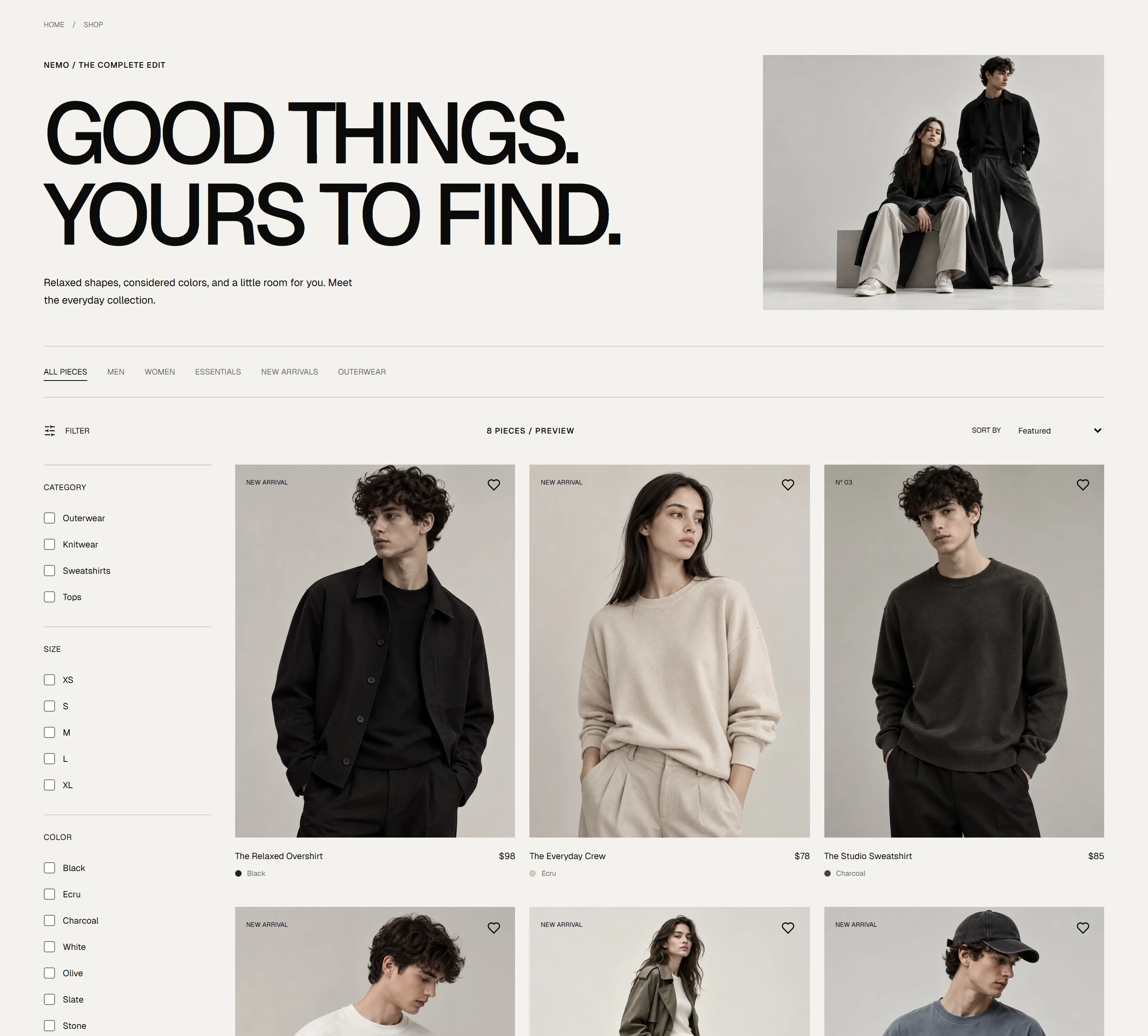 NEMO shop with collection navigation, filters, sorting and a sample product grid.