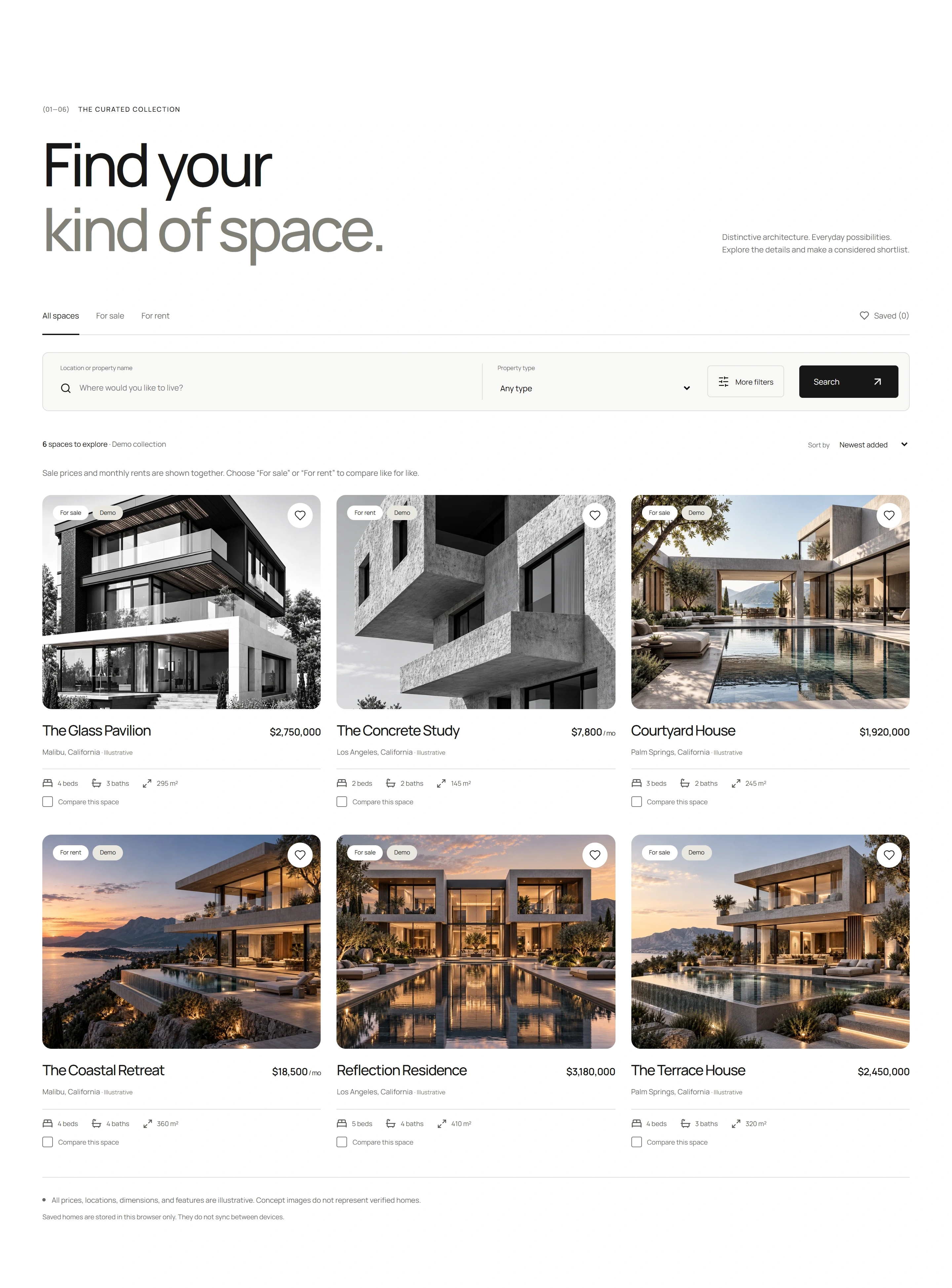 POPERTY collection interface with property search, filters, sorting and photographic listing cards.
