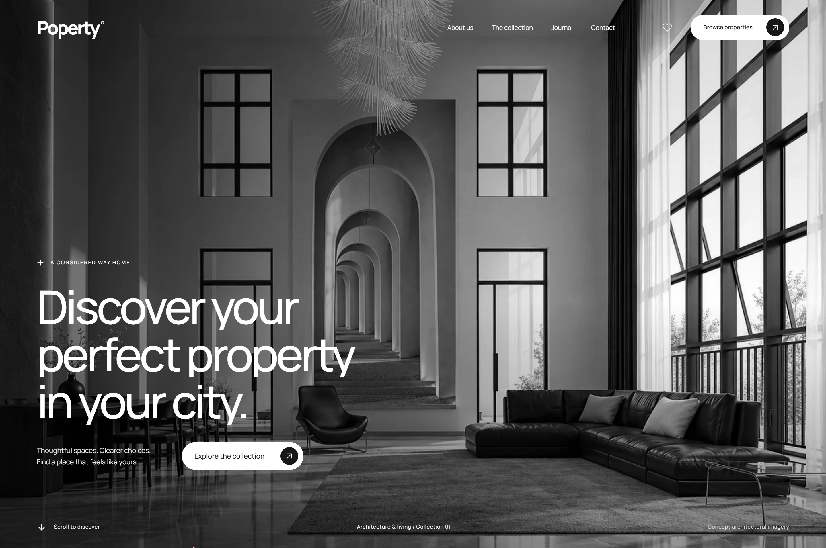 POPERTY homepage with a sequence of monumental archways, monochrome architectural photography and the headline Discover your perfect property in your city.
