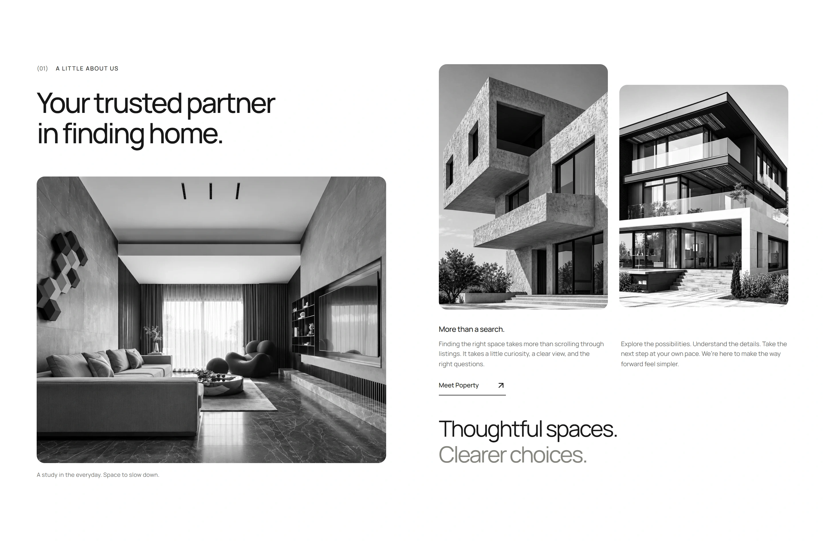 POPERTY editorial introduction combining a quiet living room, offset architectural photographs and generous black typography.