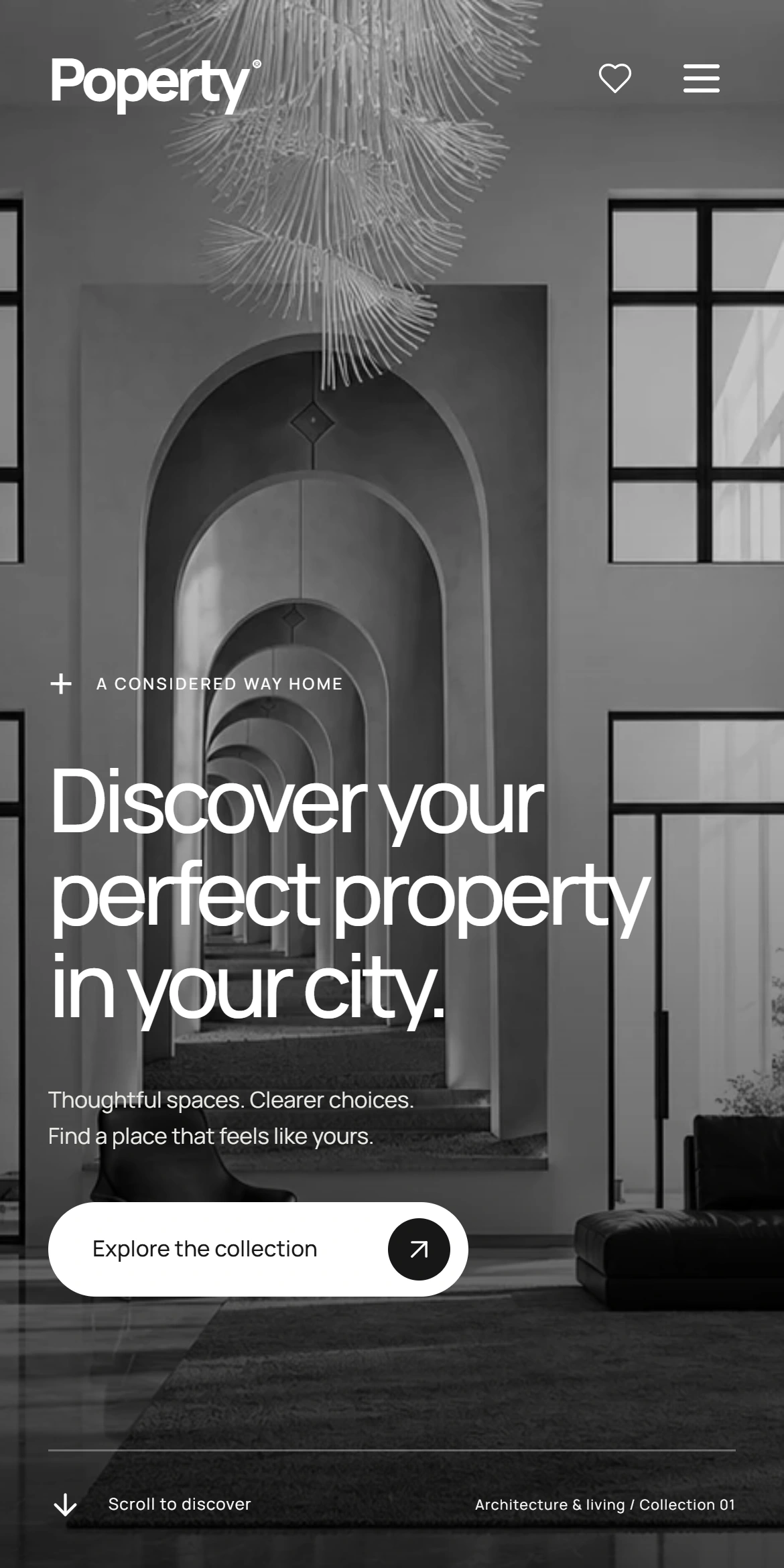POPERTY opening screen composed for a phone, with compact navigation, architectural imagery and a clear route into the collection.