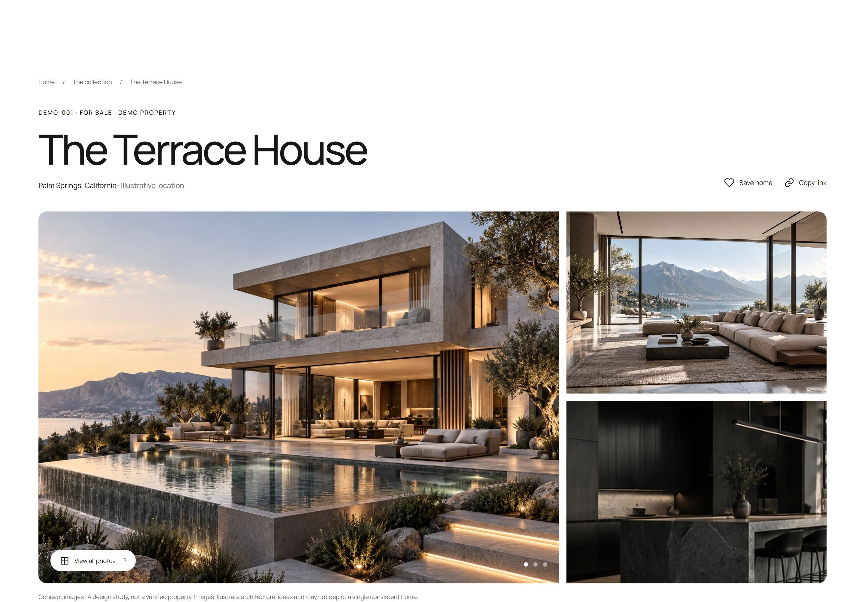 The Terrace House concept detail page, with its title, save and copy-link controls, and a large architectural image gallery.