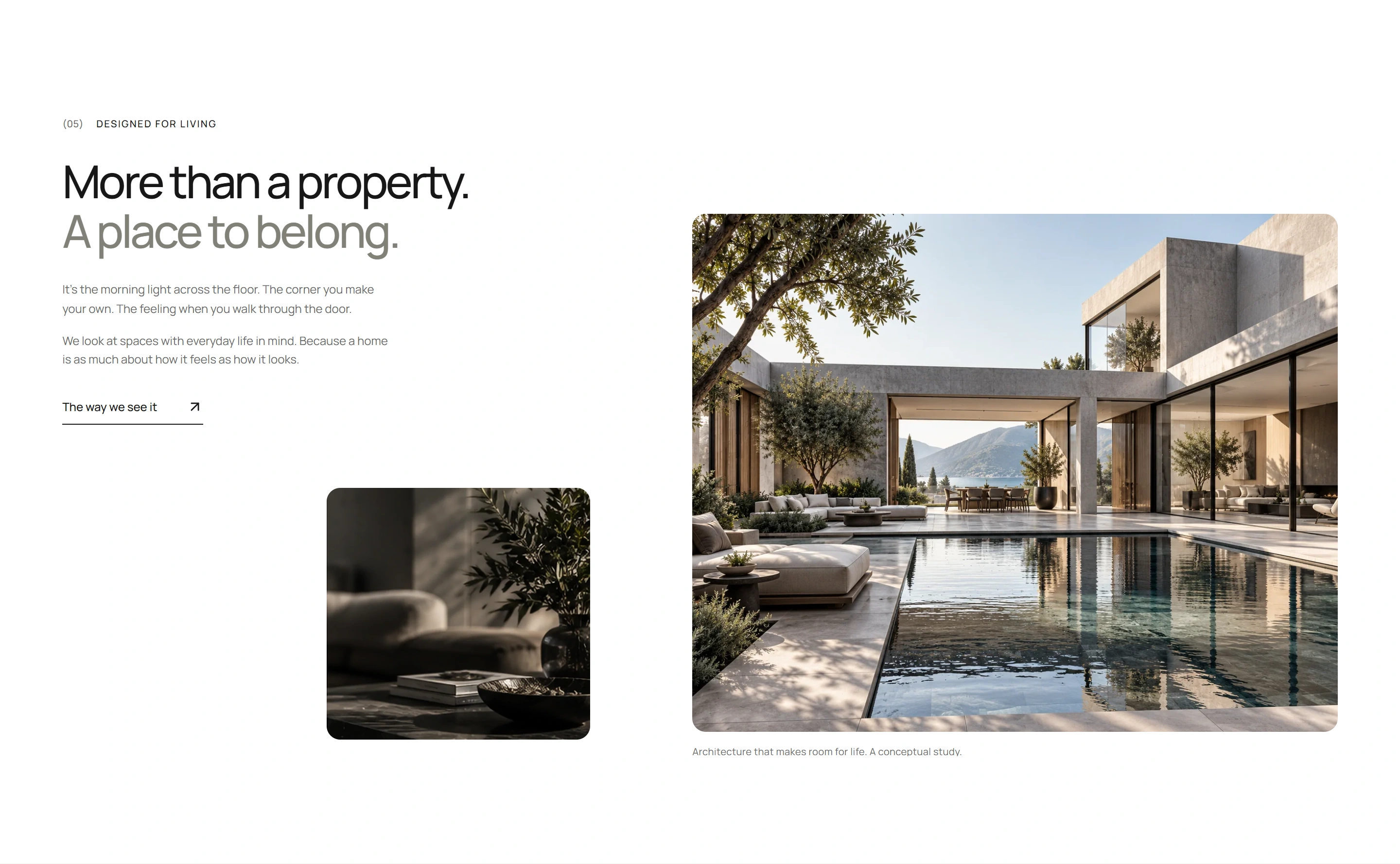 A POPERTY editorial spread pairing the statement A place to belong with a courtyard residence, trees and still water.