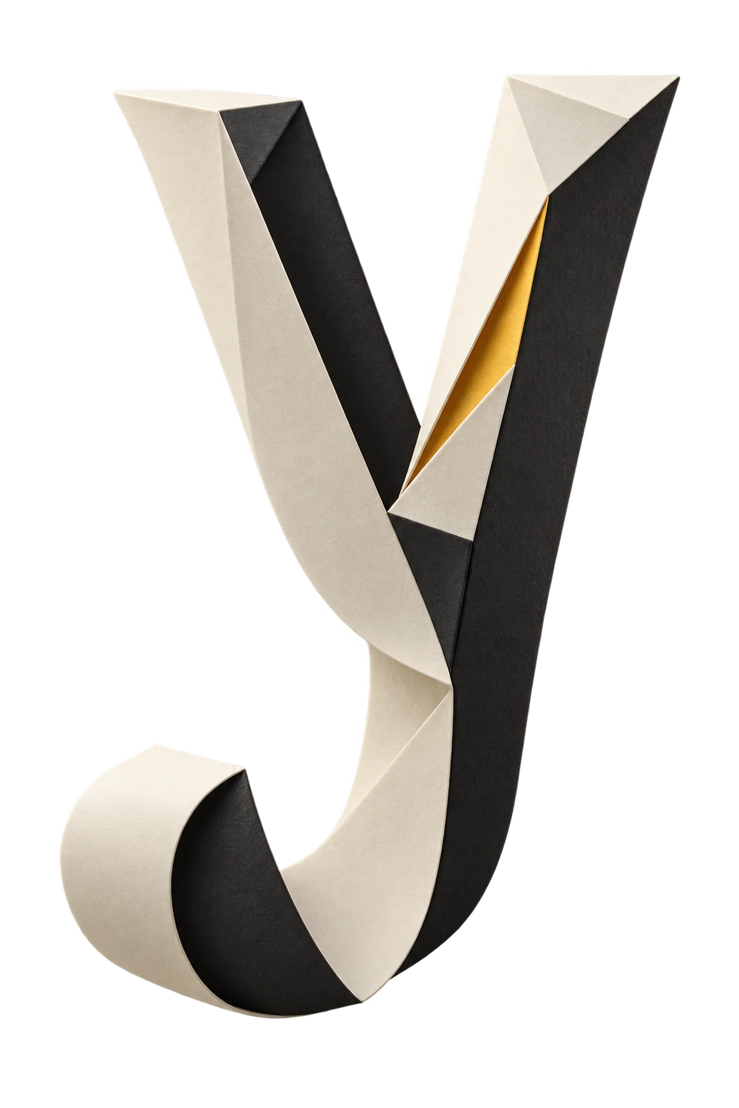 An architectural y sculpted from folded ivory and charcoal paper, with a warm yellow detail.