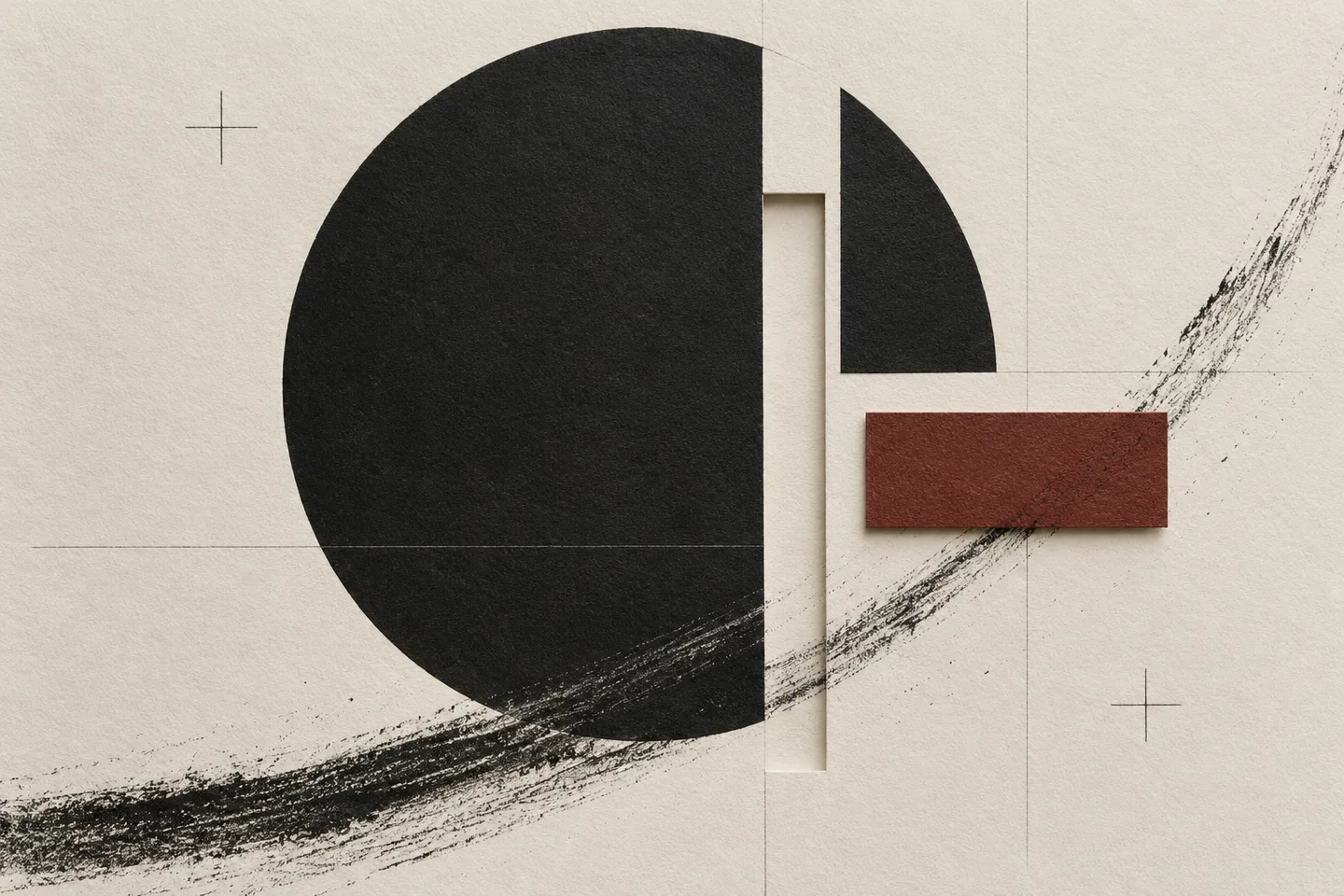 An editorial composition of charcoal forms, precise cuts and a small oxblood paper accent.