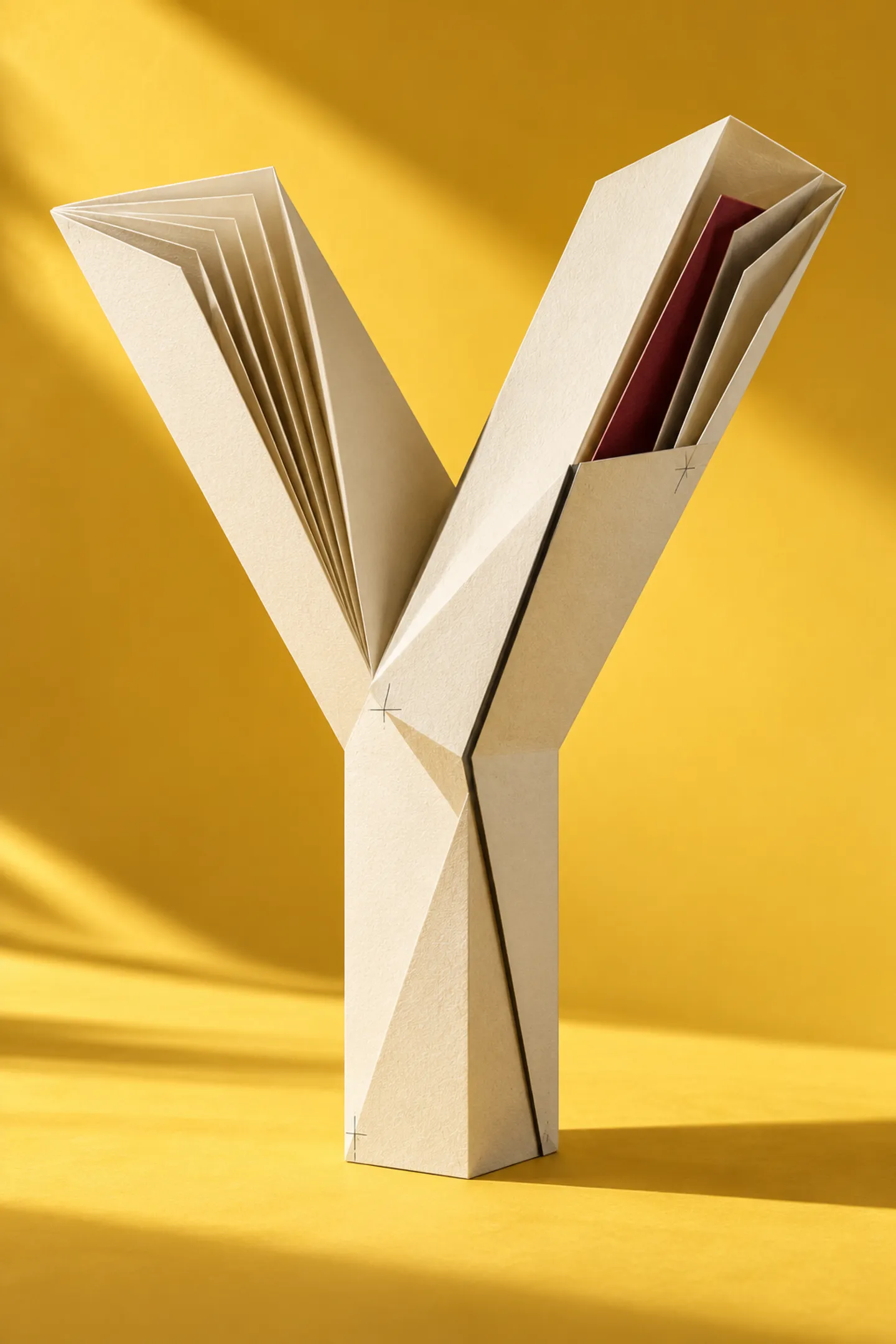 An architectural Y folded from ivory paper, with a deep red insert, against a yellow studio backdrop.