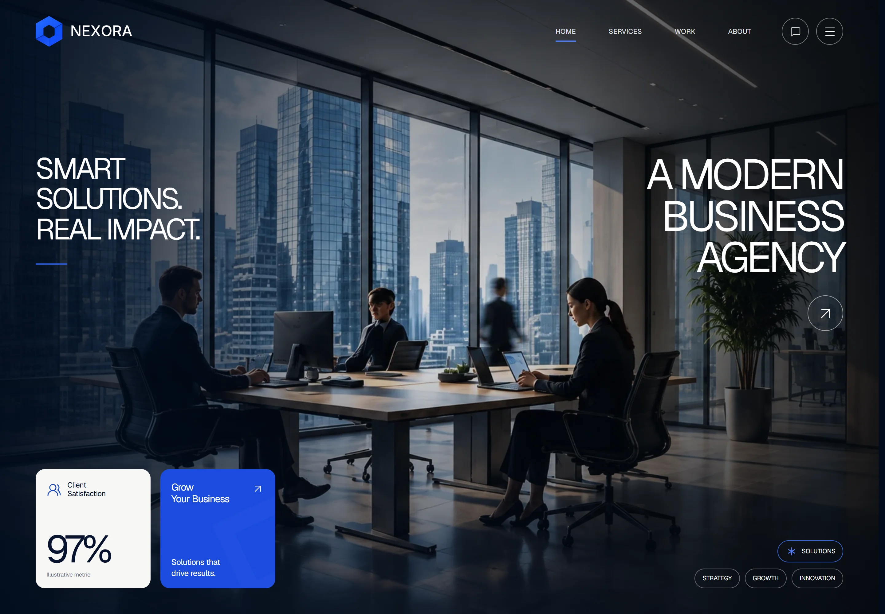 NEXORA homepage with a dark office photograph, large white typography and bright blue interface accents.