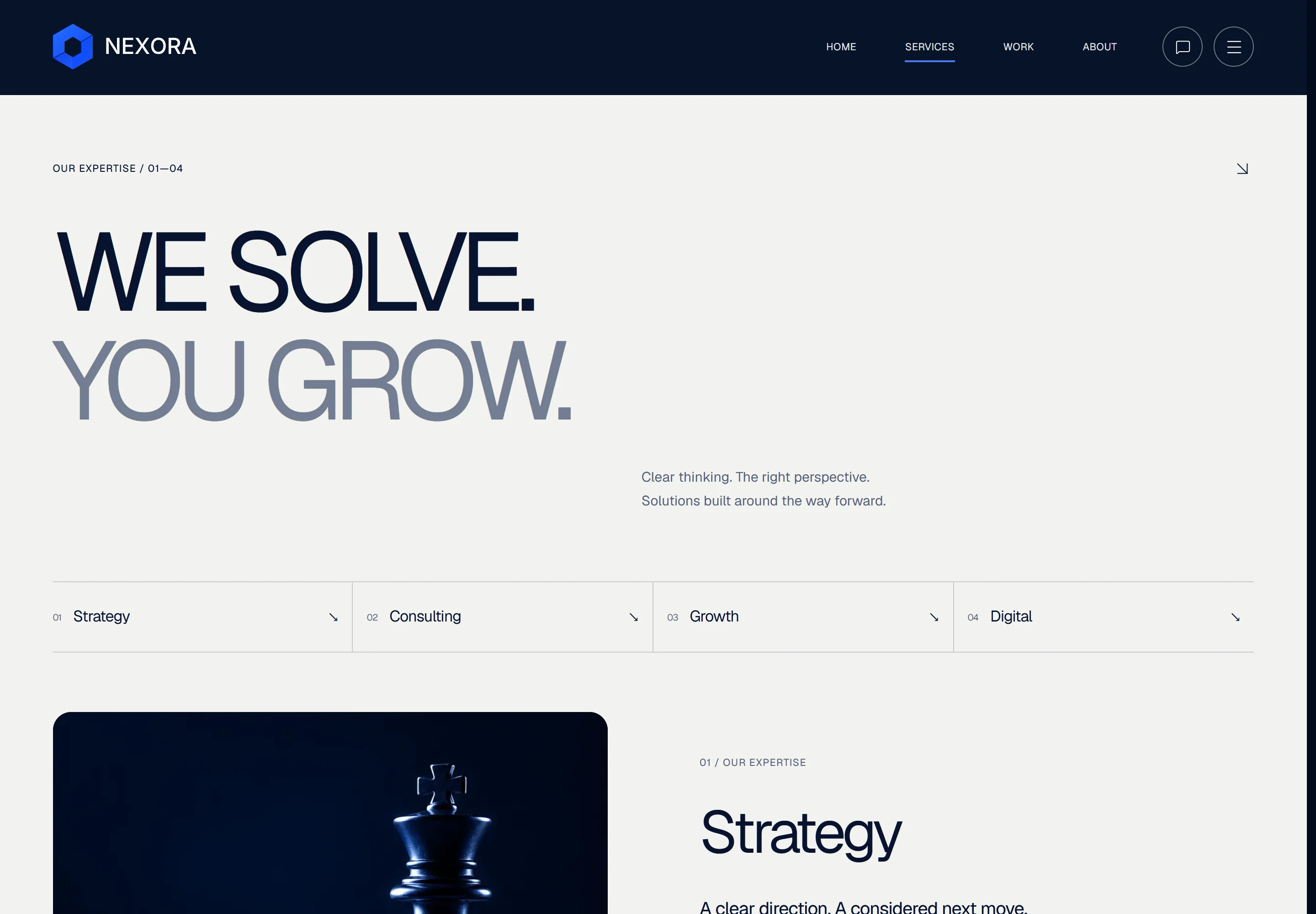 NEXORA services page presenting the agency’s four areas of work with photography and clear service descriptions.
