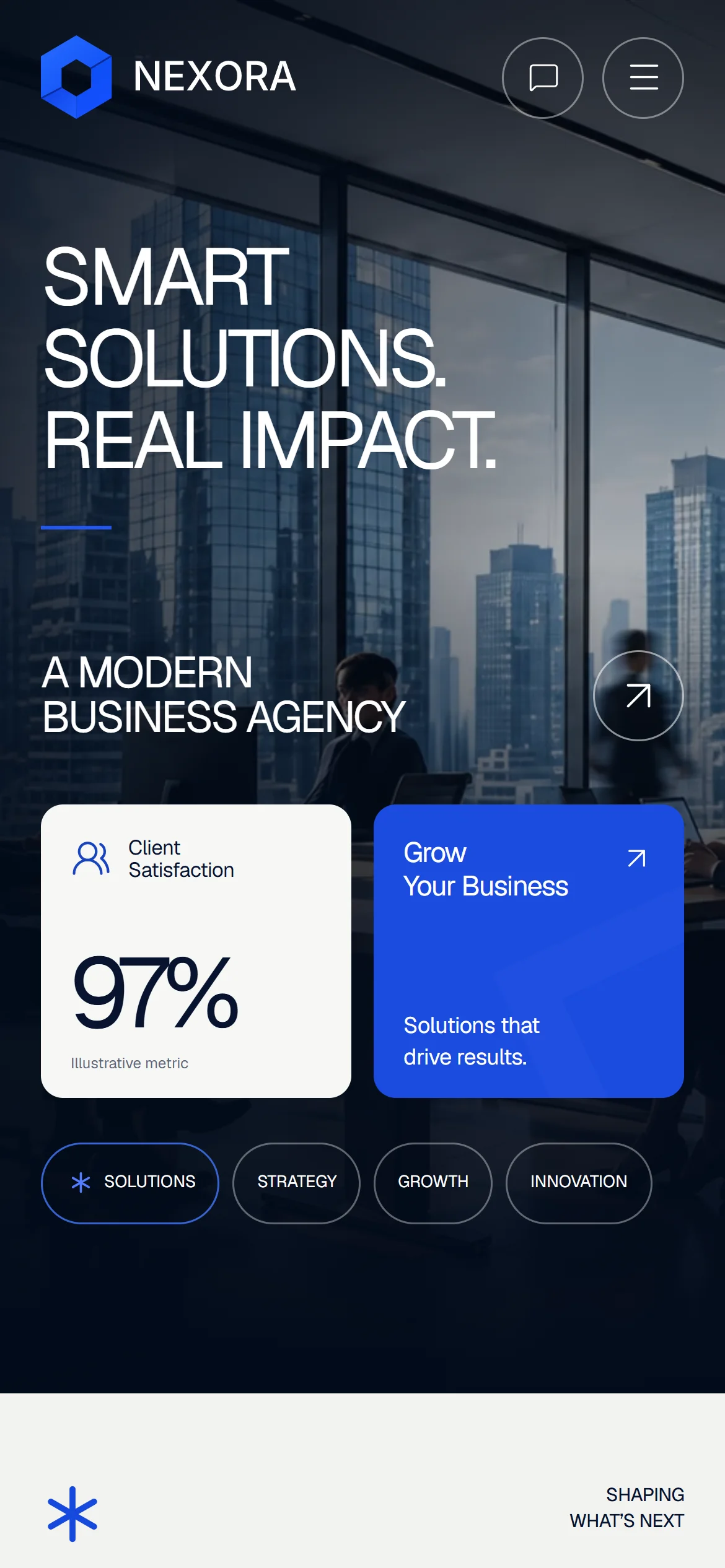NEXORA homepage adapted for a phone, with the photographic hero, compact navigation and clear opening message.