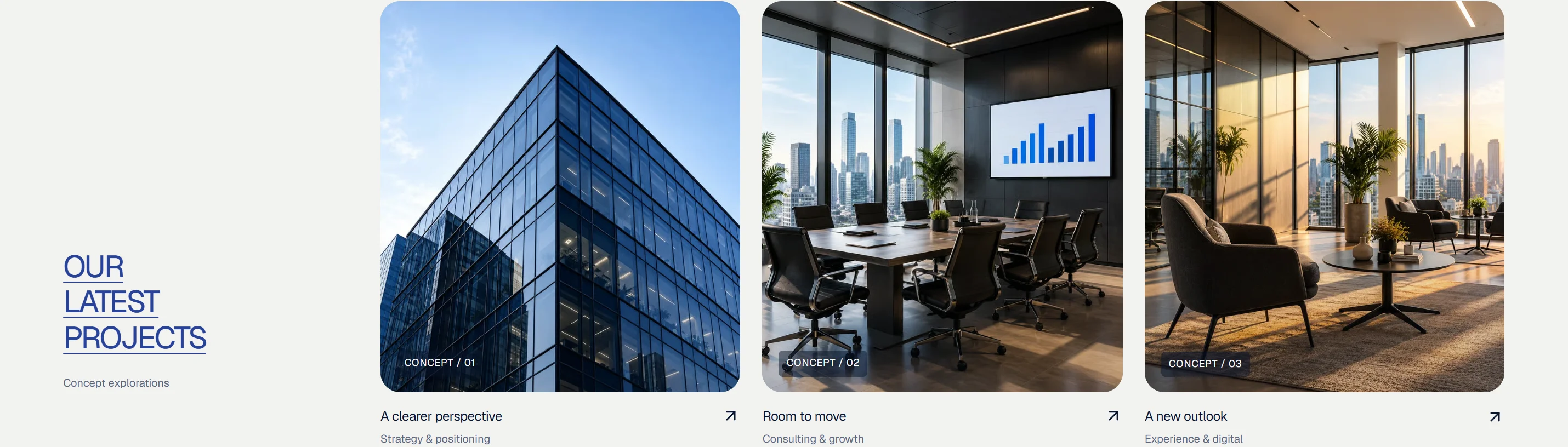 NEXORA homepage project gallery, pairing architectural photography with spare, blue-accented typography.